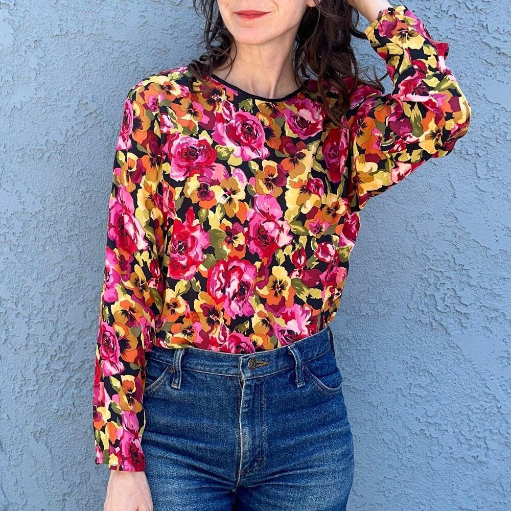80s Silk Blouse Pat Argenti Xs/S Roses Career office